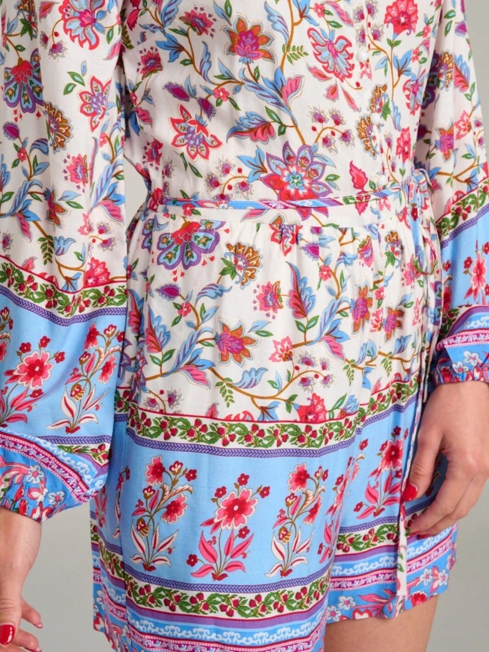 "Available" Women's Long Sleeve Button Up Front Pockets Floral Romper - Picture 2 of 11